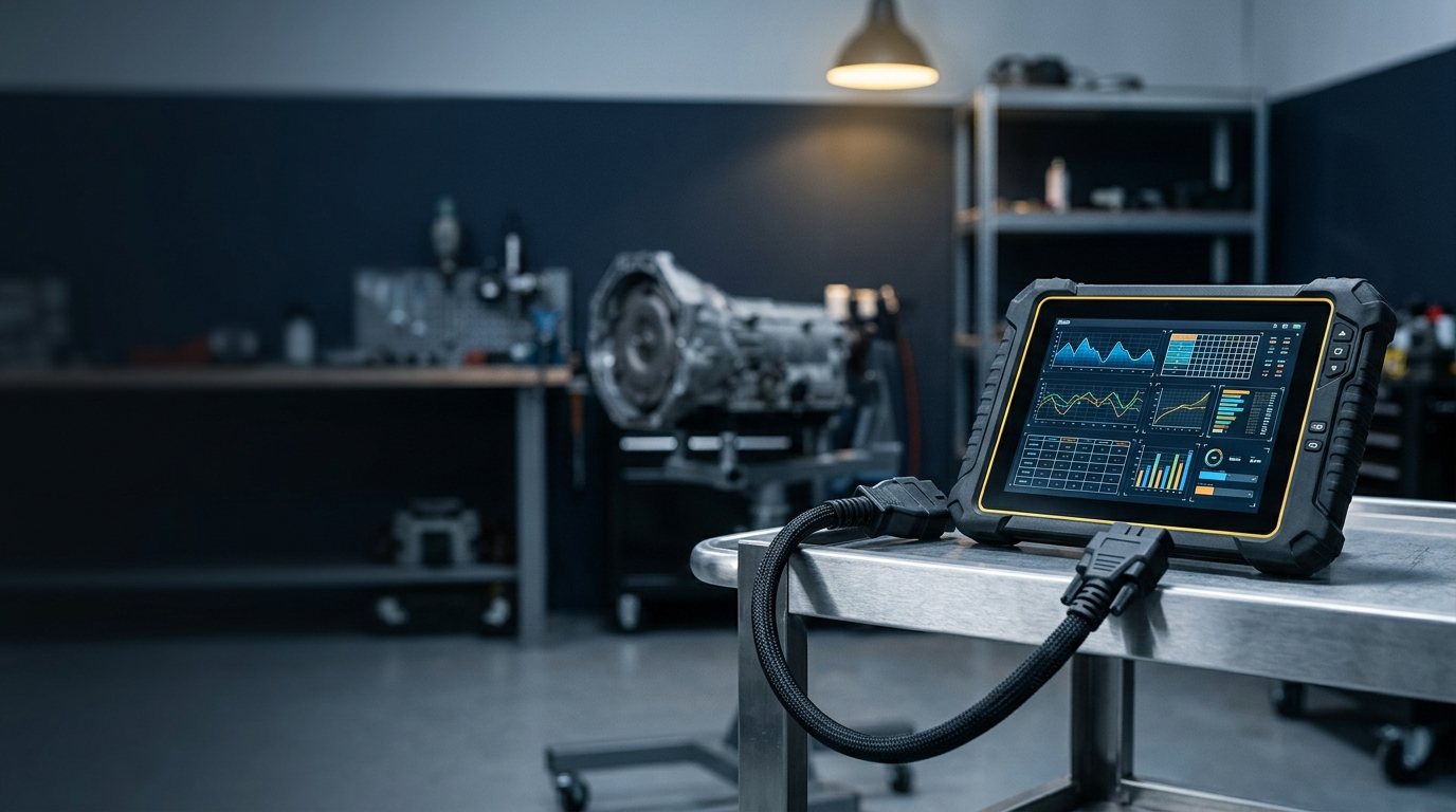 Diagnostic tester with OBD cable on a workshop stand, automatic transmission in the background