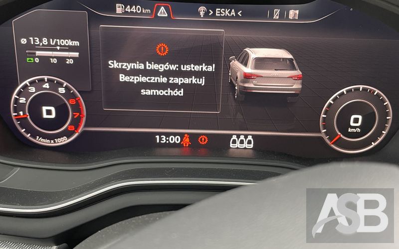 Dashboard message about the transmission in the Audi A4 (B9). Model identified from the car graphic on the screen