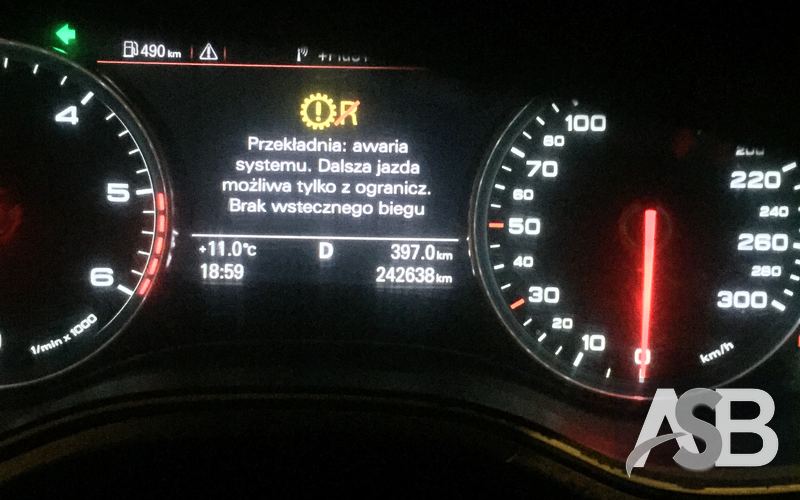 Dashboard message about the transmission in the Audi A6 / A7 (C7). Warning light with a crossed-out R = reverse unavailable; this is NOT a typical multitronic fault