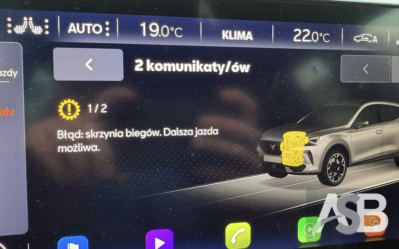 Dashboard message about the transmission in the Cupra Formentor. Centre screen, 1 of 2 messages